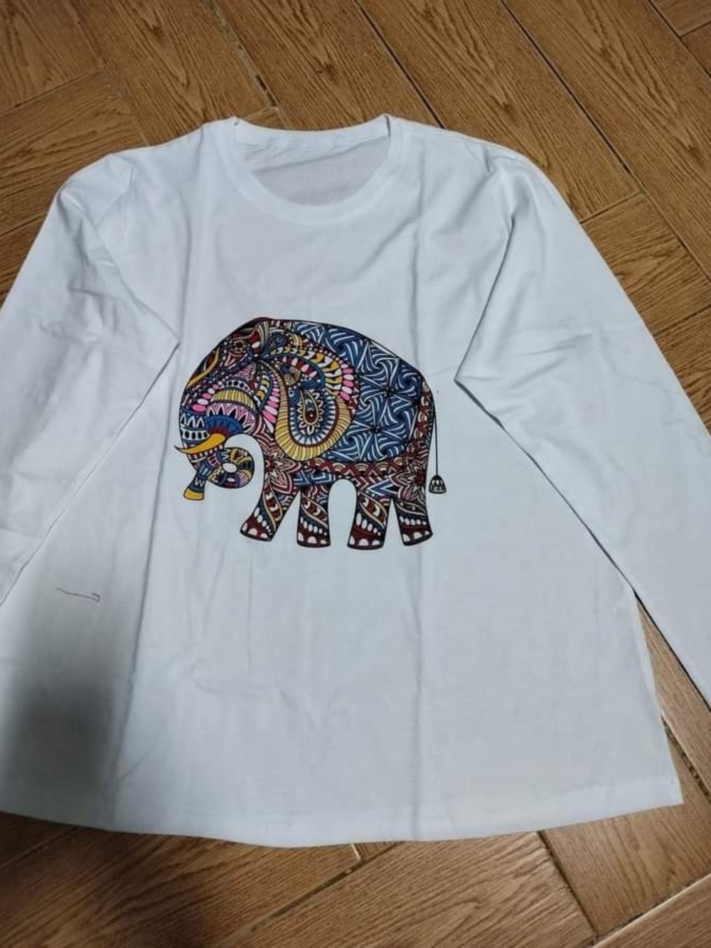 White Kids' Long-Sleeve Tee with Colorful Elephant Graphic